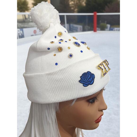 Sigma Gamma Rho White Pompom Beanie design with Brooch, Rhinestone & Roses - Picture 5 of 5